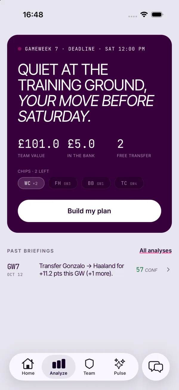 FPLai Analyze briefing on iPhone: deadline, team value, bank and free transfers, a “Chips · 2 left” rack with WC, FH, BB and TC, and a Build my plan button.