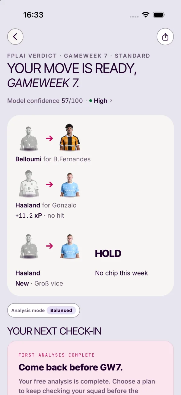 FPLai results on iPhone: the verdict headline “Your move is ready, Gameweek 7” with Call Glance below showing two transfers with +11.2 xP, the captain and vice, and “No chip this week”.