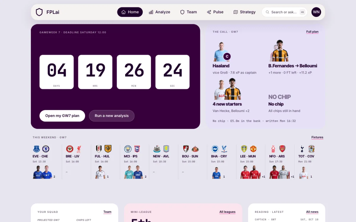FPLai Home on web: a Gameweek 7 deadline countdown, The Call with captain and transfer, and this weekend’s fixtures with owned players marked.